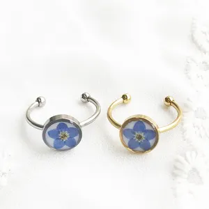 Adjustable Epoxy Handmade Nature real flower jewelry blue forget me not open 18k gold stainless steel flower ring