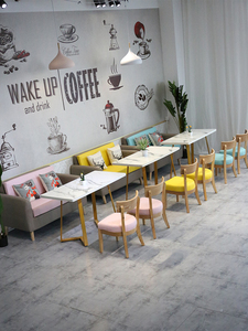 Tweezitsbankset grijs frame contrast kussens met stenen bladtafel en houten stoelen restaurant banktafelset fastfood - Product Image 4