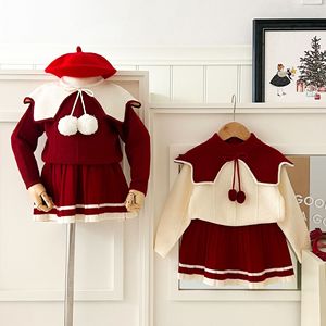 Ensemble deux pièces en tricot pour filles, style universitaire vintage, automne-<span class=keywords><strong>hiver</strong></span>, pull à grand col à pompons et jupe plissée - Product Image 2