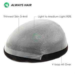Prótesis Capilar <span class=keywords><strong>Invisible</strong></span> Ultrafina V-Loop de 0.03 mm con Cabello Indio, Sistema de Reemplazo Capilar, 64 Colores en Stock, para Hombres - Product Image 1
