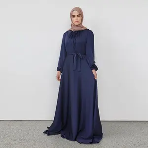 Arabische sexy Frauen Abaya Dubai muslimische islamische Kleidung einfarbige Empire Taille Langarm Satin Maxi kleid