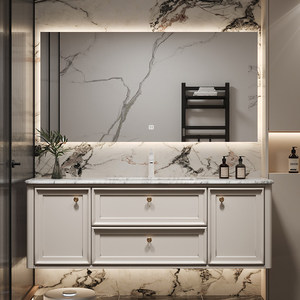 French-style luxury stone slab seamless ceramic basin smart <b>mirror</b> natural marble bathroom cabinet - Product Image 4