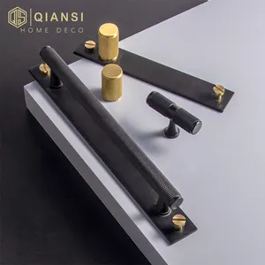 Brass And Black Handle Qiansi HK0052 Wholesale Furniture Hardware Golden Modern Decorative Brass Door Cabinet Knurled Handles Black Pulls Handle Knobs