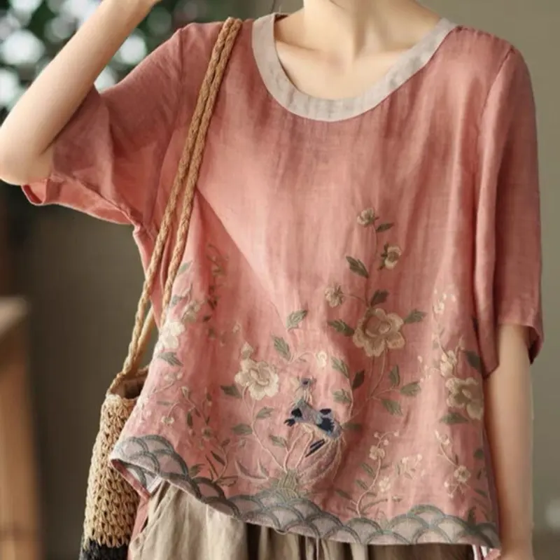 Cotton linen thêu hoa áo cánh của phụ nữ Trung Quốc cổ điển lỏng Áo sơ mi hàng đầu giản dị Retro O Cổ Ngắn Tay áo mùa hè Áo sơ mi