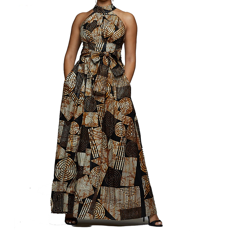 Shop Our Design African Print Halter Maxi Dress with Black Brown Geometric Shop Our Design African Print Halter Maxi Dress with Black Brown Geometric