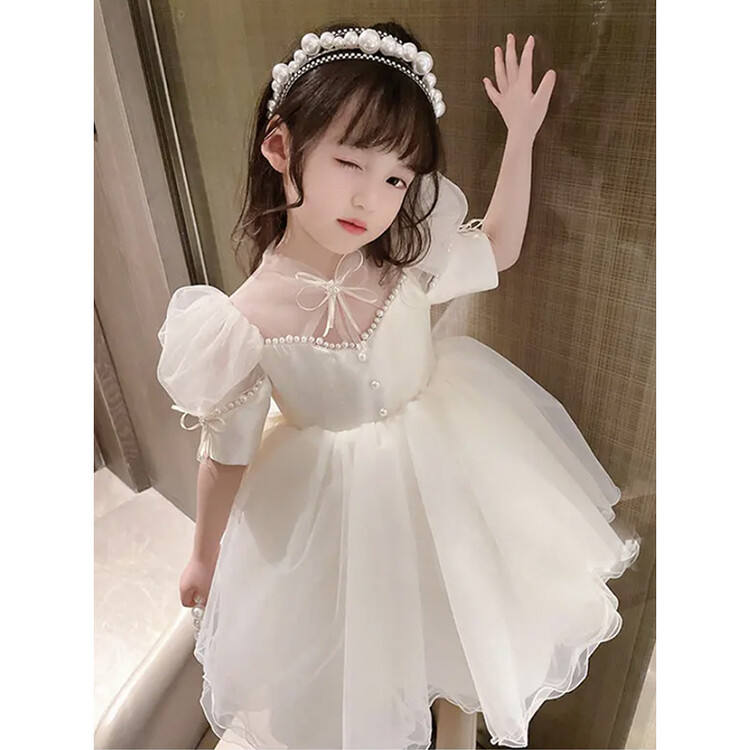 Children White Pearl Puffy Dress for Toddler Girls Korean Style
