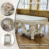 Ensemble de salle à manger classique de luxe européen en bois massif avec feuilles d'argent dorées, table sculptée turque, miroir ovale, buffet, pour palais, manoir, hôtel