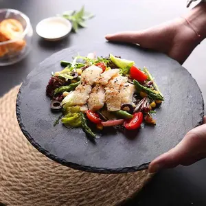 Wholesale Round Dia30 X 0.4cm Black Slate Dinner Plate Dishes Cheese Board Custom Round Beef Slate Plate