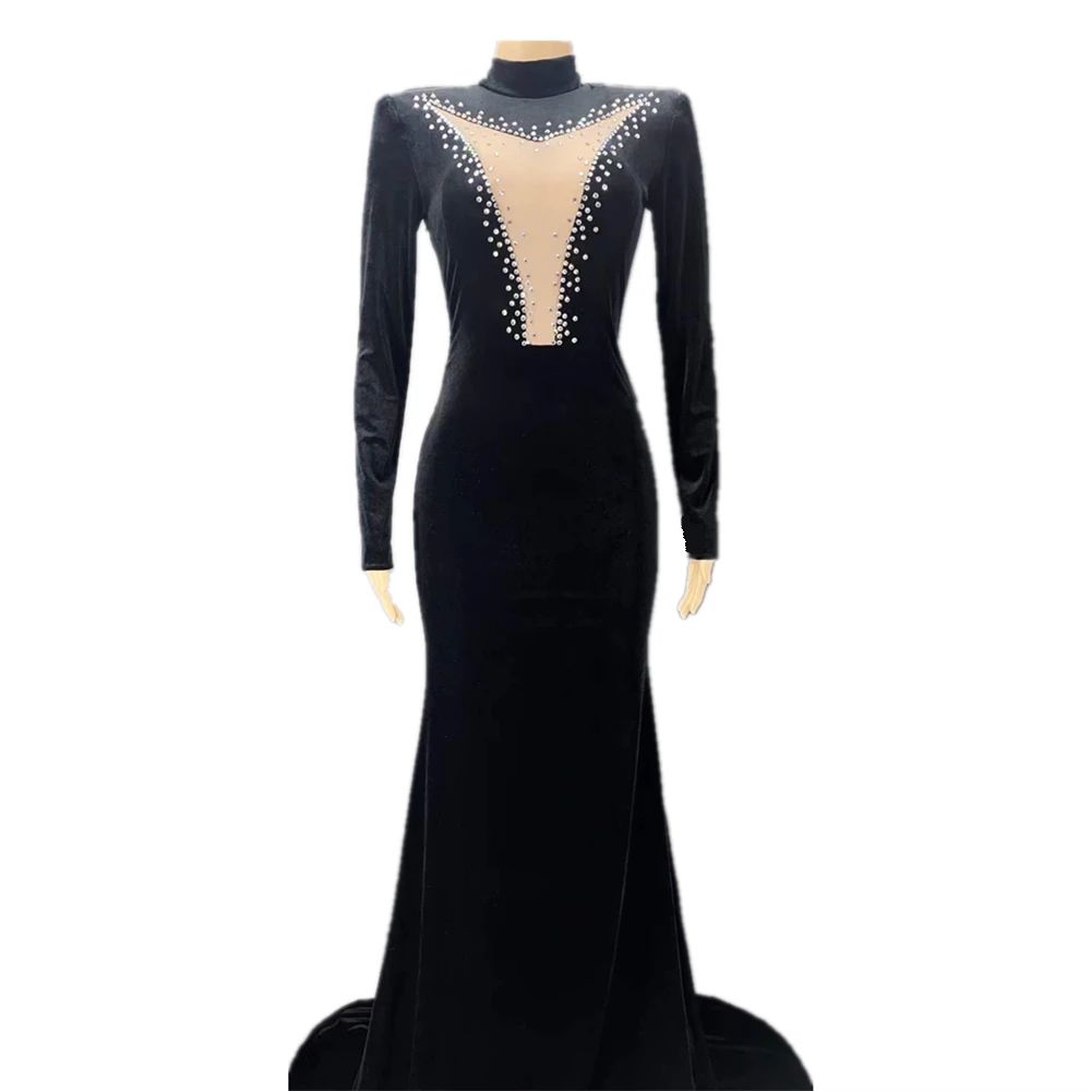 Black Swan Velvet Long Dress with Rhinestones for Women