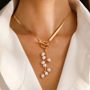 Collana in acciaio inox Licai stile barocco corte collana con frange di perle retrò geometrico serpente con catena a catena - Product Image 1