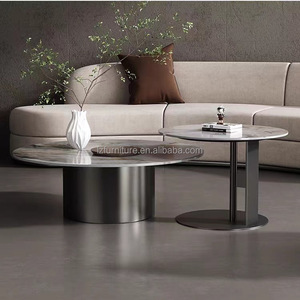 Italian Design Luxury <b>Nesting</b> Coffee <b>Tables</b> Grey Marble Stone Pattern Top Black Metal Pedestal Base Center <b>Table</b> Round End <b>Table</b> - Product Image 1