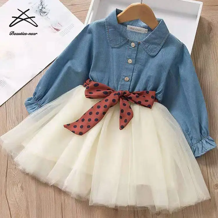 Wholesale kids girls spring and autumn girl's dress children fashion long sleeve denim mesh polka dot belt casual blouse dresses