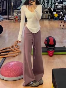 Femmes américain rétro <span class=keywords><strong>violet</strong></span> <span class=keywords><strong>velours</strong></span> côtelé vêtements de détente pantalons de survêtement 2025 été polyvalent effet drapé cordon <span class=keywords><strong>pantalon</strong></span> large - Product Image 5