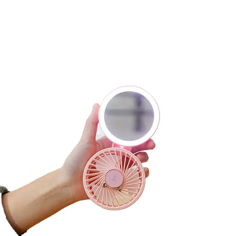 Verano refrigeración USB recargable portátil mini ventilador viaje LED espejo de maquillaje de mano con ventilador y luz LED