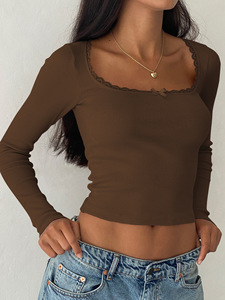 T-shirt côtelé à manches longues en dentelle pour femme, coupe ajustée, col rond, 92 % viscose, 8 % élasthanne, imprimé personnalisé - Product Image 5