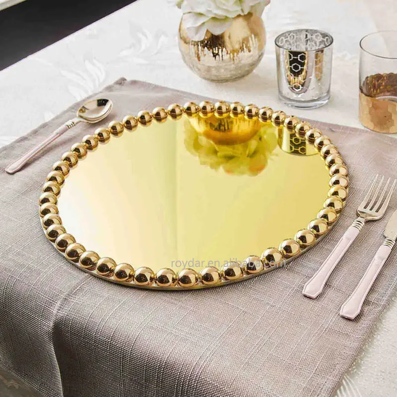 Gold fertig Spiegelglas Lade teller mit Perlen Perlen Rand Hochzeits feier Geschirr