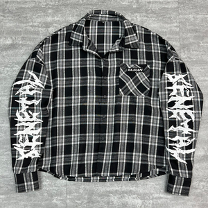 T-shirt graphique surdimensionné streetwear lourd en flanelle à carreaux, impression personnalisée, en coton, à manches longues, style designer, collection printemps - Product Image 1