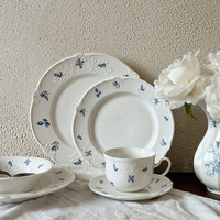 Service de table en céramique de style français, motif floral et végétal, assiette, bol, tasse et soucoupe en porcelaine