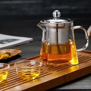 500 Ml Kompor Aman Tea Set Kaca Borosilikat Square Teko dengan Stainless Steel Infuser