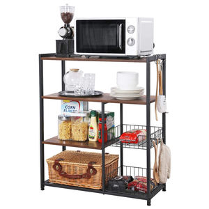 Support mural rustique pour four à micro-ondes, étagère de <span class=keywords><strong>cuisine</strong></span>, 2 paniers en maille et 6 crochets, inspiration japonaise - Product Image 2