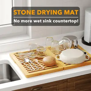 Tapis de vaisselle pliable en bambou, comptoir de cuisine terre de diatomées absorbant l'eau plat en pierre tapis à séchage rapide