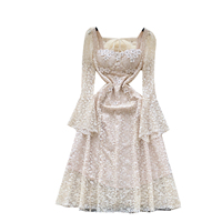 Robe Midi Élégante Française en Dentelle pour Femme Printemps 2025, Col Carré, Manches Cloche, Taille Ajourée avec Strass Floraux 3D