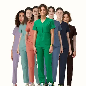 2023 מפעל 4 דרך למתוח התאמה אישית TRS ורוד סקראבס חליפת עיצובים נשים Jogger מכנסיים מותאם אישית האנטר ירוק אחות בגדים