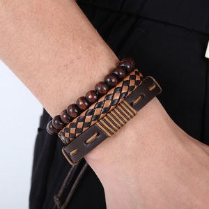 Lot de 3 bracelets ethniques tribaux en perles de <span class=keywords><strong>bois</strong></span> vintage, bracelets ajustables multi-couches tressés, <span class=keywords><strong>bracelet</strong></span> en <span class=keywords><strong>cuir</strong></span> pour <span class=keywords><strong>homme</strong></span> - Product Image 6