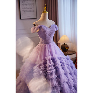 Purple Off The Shoulder Ball Gown Empire Waist Tulle Layered Evening Dress For Wedding Party Princess Style - Product Image 2