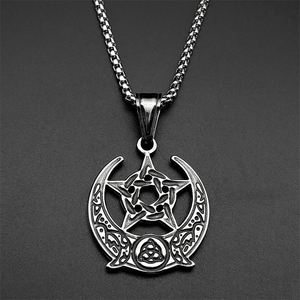 Collar con Colgante de Pentagrama y Nudo de Bruja, Triple Luna, Diosa, para Mujeres y Hombres, Acero Inoxidable, Estilo Retro, Wicca, Luna Creciente, Cadena, Joyería - Product Image 2