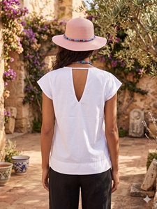 Chemisier blanc à col en V et manches courtes pour femme, coupe ample, décontracté, idéal printemps-été, couleur unie, tissu respirant 100 % coton - Product Image 5