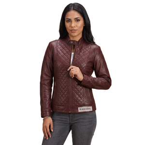 Unisex Burgundy Quilted PU Leather <b>Jacket</b> Moto Biker Style Stand Collar Zipper Closure Slim Fit Autumn Wear Women Leather <b>Jacket</b> - Product Image 1
