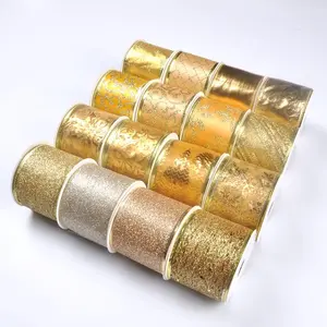 kostenloses muster gold glitzer weihnachten drahtrand-band 2,5 zoll metallisches drahtband für geschenkverpackung