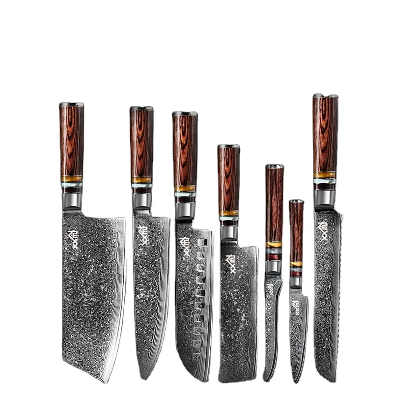 Set di coltelli da cucina in damasco 7 pezzi 67 strati manico in legno colorato
