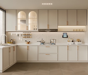 Armoires de cuisine en bois massif de style français, couleur blanc crème personnalisée, portes en bois massif, pour villa et maison. - Product Image 1