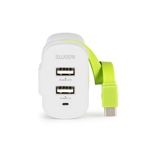 Sweex USB Charger 2 Ports 2.4A 1A <b>Type</b> <b>C</b> <b>Cable</b> Included - Product Image 1