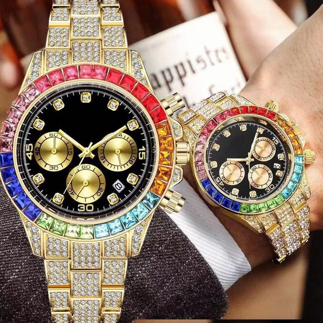 New Model Luxury Men's Quartz Watch Full Diamond Set  Three Eyes Decoration Fashion Color Calendar Steel Band Alloy Case Reloj