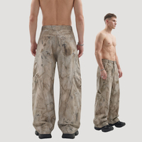 Pantalon cargo vintage délavé jaune boue pour homme, coupe banane, effet vieilli, teinture sale, jambe large et ample, vente en gros