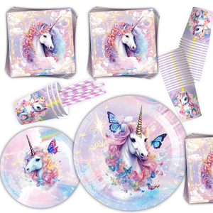 나비 유니콘 맞춤형 베이비 샤워 어린이 생일 파티 장식 파티 일회용 식기 종이 접시와 컵 세트 - Product Image 3