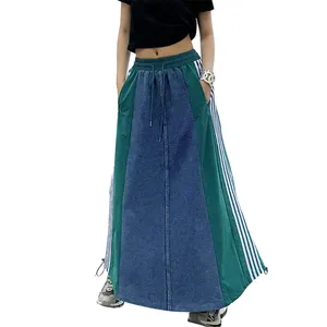 2024 New Design Custom Stripe Women's Long Skirt Drawstring Elastic Waist Casual Dress Splice Polyester Denim Skirts For Women
