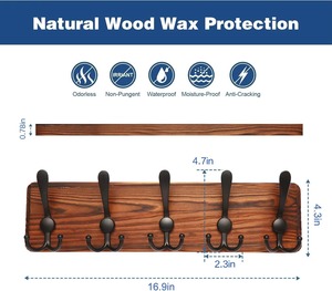 Perchero de pared de madera para sombreros, gancho de pared de madera de pino auténtica de 16.9 pulgadas, perchero de pared de madera blanca envejecida <span class=keywords><strong>con</strong></span> 5 ganchos - Product Image 5