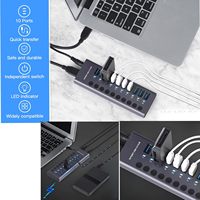 Hub USB 3.2 de 10 Puertos con Interruptores Individuales de Encendido/Apagado, Adaptador de Corriente de 12V, Aleación de Aluminio, para Laptop/PC, en Stock, 10Gbps USB-A 3.0