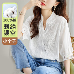 Camisa de Algodón con Bordado Francés para Mujer, Manga Corta, Verano 2026, Hermosa Camiseta Juvenil, Top Chic - Product Image 1