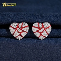 Boucles d'oreilles clous en moissanite en forme de cœur, testées au diamant, en argent 925, émail rouge, cœur brisé pavé, cadeau de Saint-Valentin pour elle