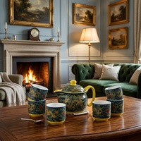 Service à thé en céramique artisanal à motif de dragon oriental, théière en porcelaine de luxe avec glaçure jaune et bleue, infuseur et tasses