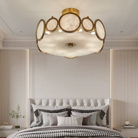 Plafonnier moderne à deux niveaux circulaire en albâtre naturel |   Lustre LED en laiton doré pour salon et villa