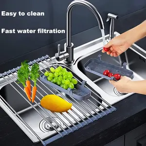 Adjustable Sink Dish Drainers Drain Basket Kitchen Organizer Rustproof Stainless Steel Over Sink Extendable Dish Drying Rack