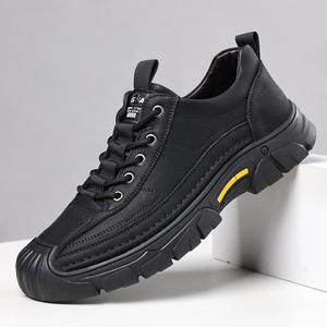 Chaussures en cuir décontractées à lacets pour hommes, bout rond, semelle extérieure en caoutchouc antidérapante, pour l'automne, usage extérieur, couleur unie, décoration à rayures - Product Image 1