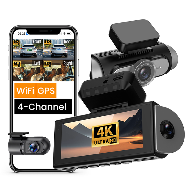 4 Channel 360 Degree Dash Cam 4K UHD Recording Car Camera DVR Night Vision Video Recorder Built-In Wi-Fi Support GPS 24H Parking