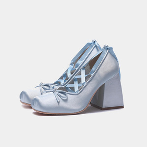 Women's Silk Square Toe Ballet <b>Shoes</b> Girl's High Chunky Heels Sandals Dress Cross Ankle Lace up Bow Pumps - Product Image 3